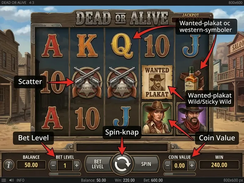 dead or alive slot interface med annotationer af knapper og symboler