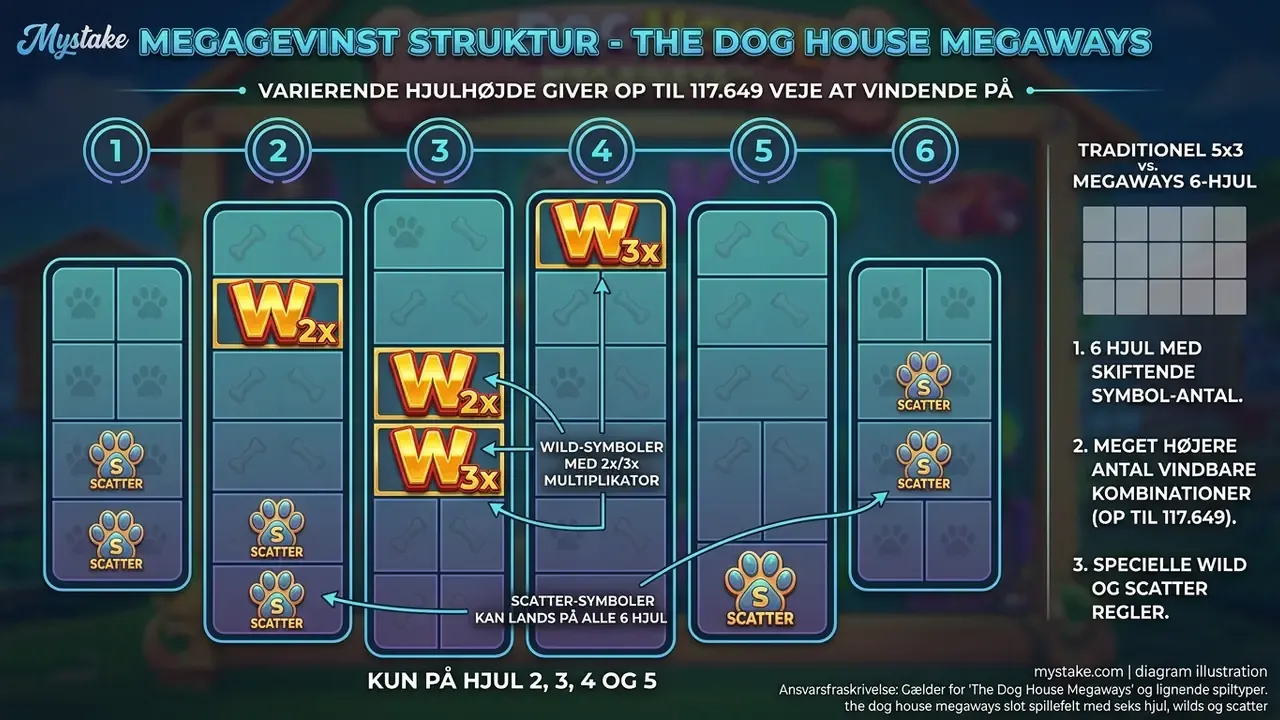 the dog house megaways slot spillefelt med seks hjul, wilds og scatter